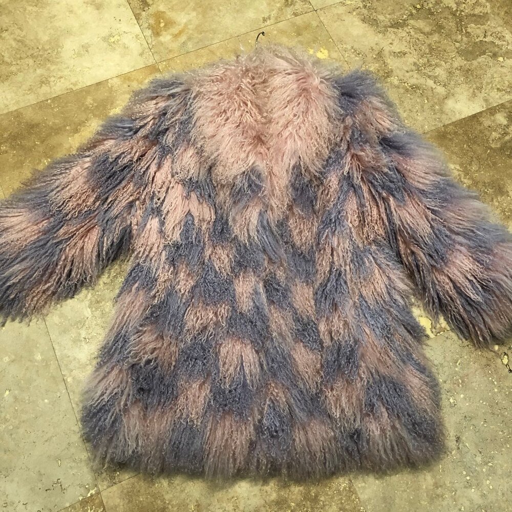 90s Vintage Pink & Purple Patchwork Mongolian Fur Coat Shaggy Glam Boho